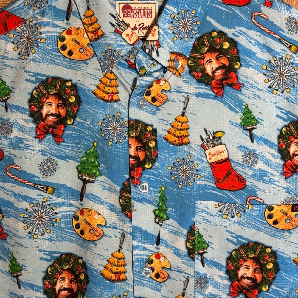 RSVLTS X Bob Ross Christmas Holiday Button Up Top Artsy Funky Men’s size Small - Picture 3 of 10